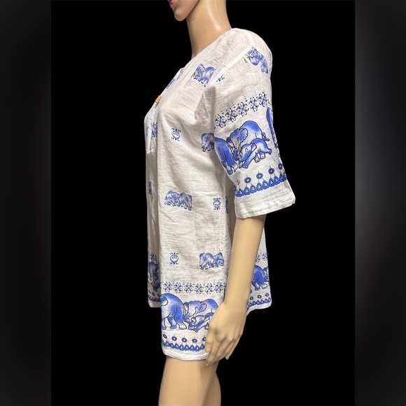 Whimsical Elephants 100% Cotton Split Neck PullOver Tunic By DA Collection Sz L - Picture 4 of 12